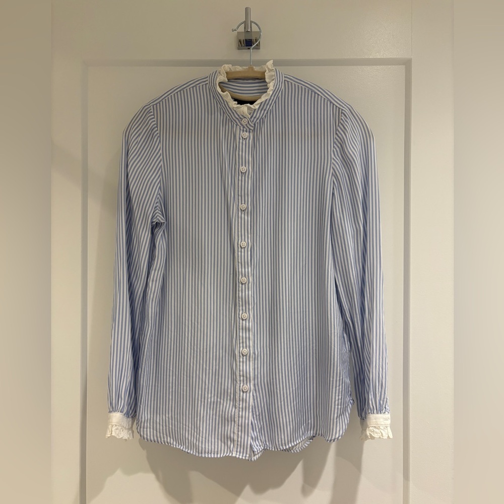 J. Crew | White Ruffle Neck & Sleeves Button-Up Top